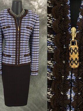 BEAUTIFUL St John collection knit blue brown multi jacket skirt suit size 6 8